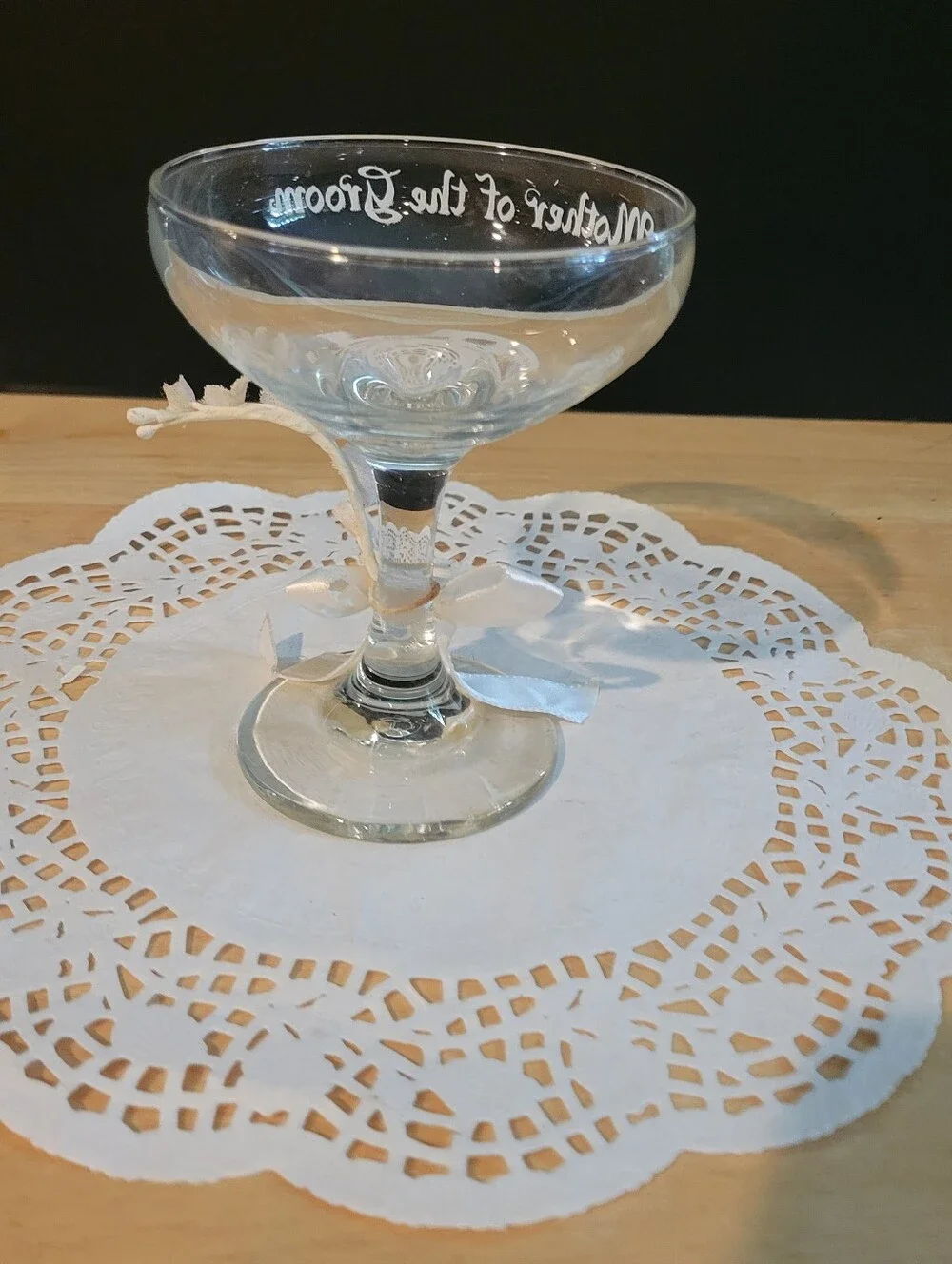 Mother of the Groom Engraved Champagne Coupe - Clear Glass with White Ribbon